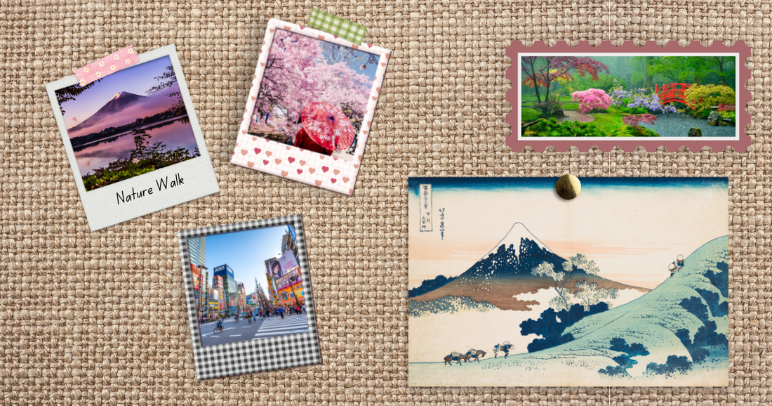 Bulletin board with photos and mementos from Japan, evoking a sense of connection and pen pal correspondence